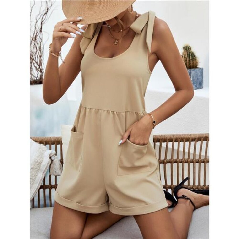 Tie Shoulder Romper with Front Pockets